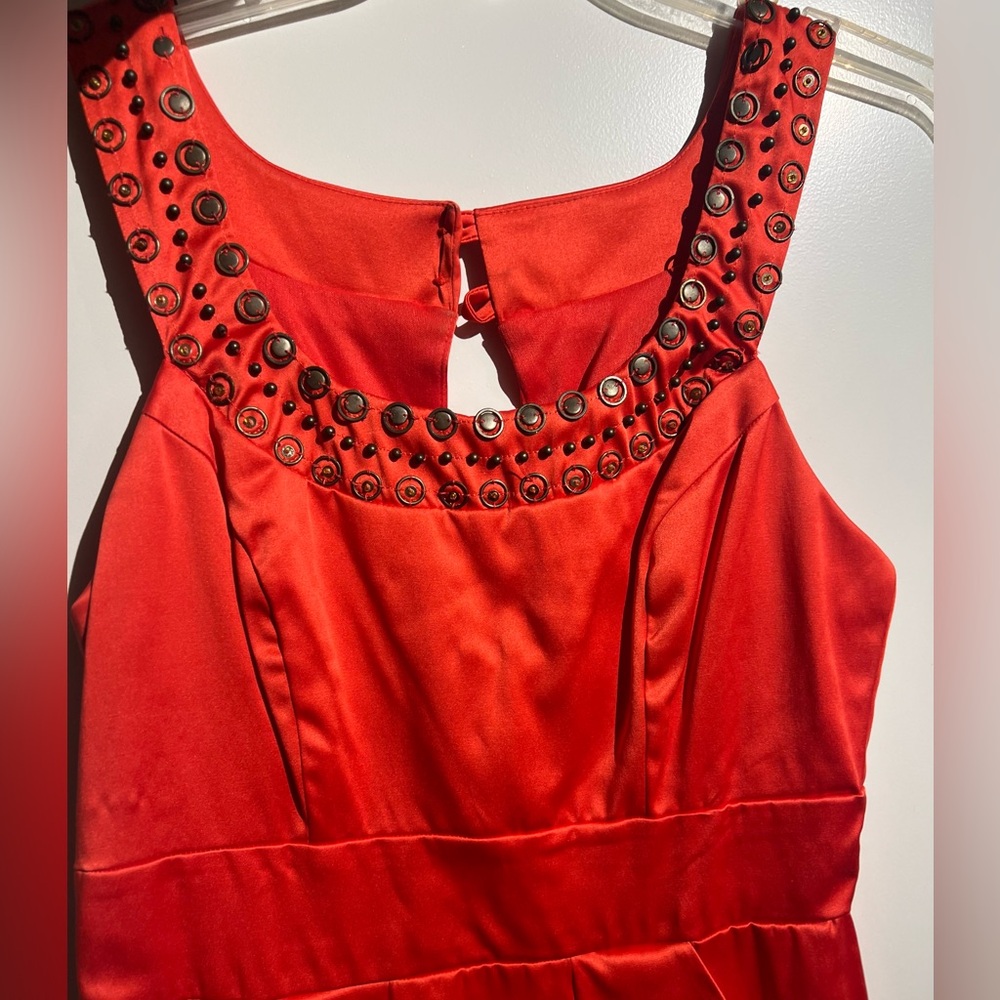 Elegant Coral orange/red Sleeveless Dress with Embellished Neckline